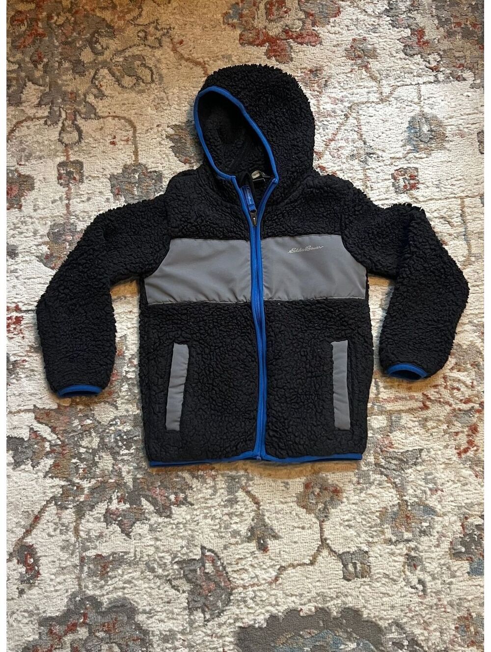 Eddie Bauer Kids XS 5/6 Sherpa Fleece Hooded Jacket Black Gray Blue Full Zip